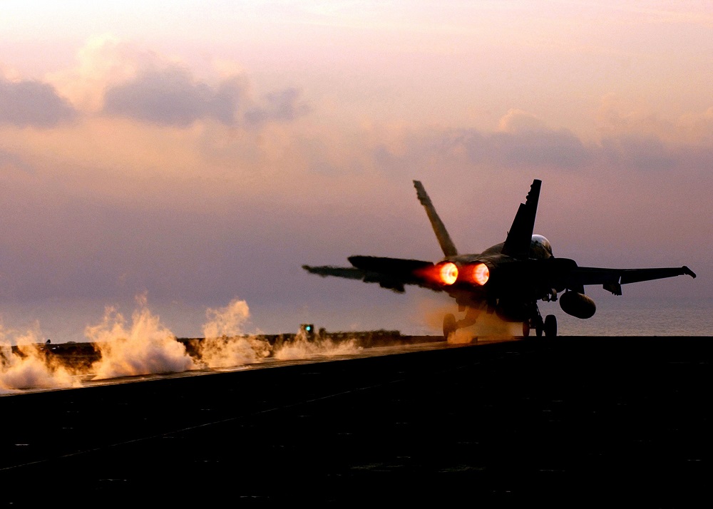 050102-N-2984R-118 Persian Gulf (Jan. 2, 2005) Ð An F/A-18A+ Hornet, assigned to the ÓSilver EaglesÓ of Marine Fighter Attack Squadron One One Five (VMFA-115), launches from the flight deck aboard the Nimitz-class aircraft carrier USS Harry S. Truman (CVN 75). Carrier Air Wing Three (CVW-3) embarked aboard Truman is providing close air support and conducting intelligence, surveillance and reconnaissance missions over Iraq. The Truman Strike Group is on a regularly scheduled deployment in support of the Global War on Terrorism. U.S. Navy photo by PhotographerÕs Mate Airman Apprentice Ricardo J. Reyes (RELEASED)