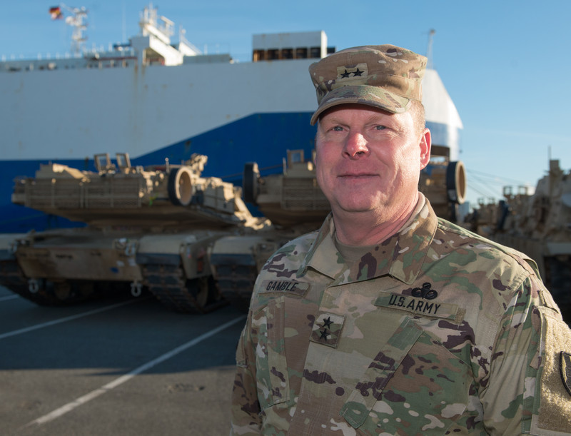 epa05701362 Duane Gamble, Major General and Commanding General 21st Theater Sustainment Command, in Bremerhaven, northern Germany, 06 January 2017. More than 2,500 tanks, trucks and other vehicles of the US Army will be handled in Bremerhaven during what is the biggest troop transfer from the US to Europe since the end of the Soviet Union. The US equipment will be transported to Poland on some 900 railway waggons for the military excercise Atlantic Resolve. EPA/DAVID HECKER
