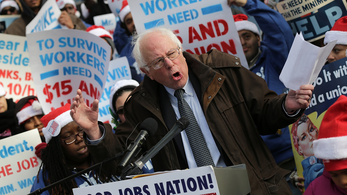 Sen. Bernie Sanders, I-Vt., speaks at a rally demanding presidential action to raise the minimum wage to $15 an hour. Sanders will run to Hillary Clinton's left, trying to elevate economic issues.