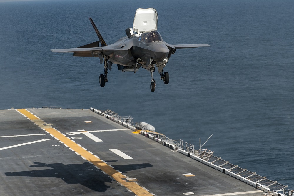 130814-O-ZZ999-038 ATLANTIC OCEAN (Aug. 14, 2013) An F-35B Lightning II aircraft takes off from the amphibious assault ship USS Wasp (LHD 1) during the second at-sea F-35 developmental test event. The F-35B is the Marine Corps variant of the Joint Strike Fighter and is undergoing testing aboard Wasp. (U.S. Navy photo courtesy of Lockheed Martin by Todd R. McQueen/Released)/Released)